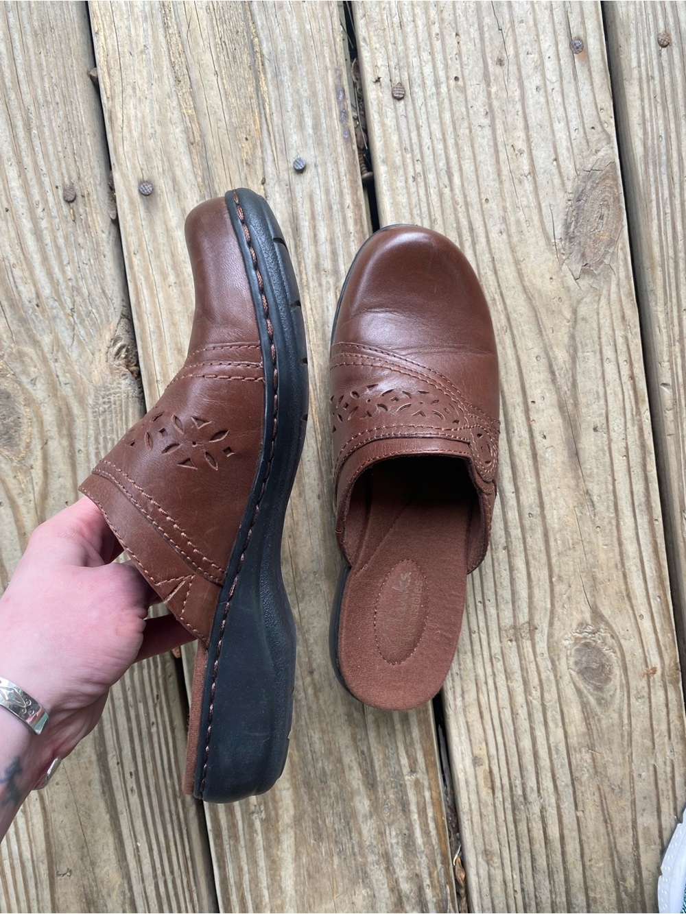 (NWOB!) CLARKS- Brown Leather Slip-On Clogs/Mules